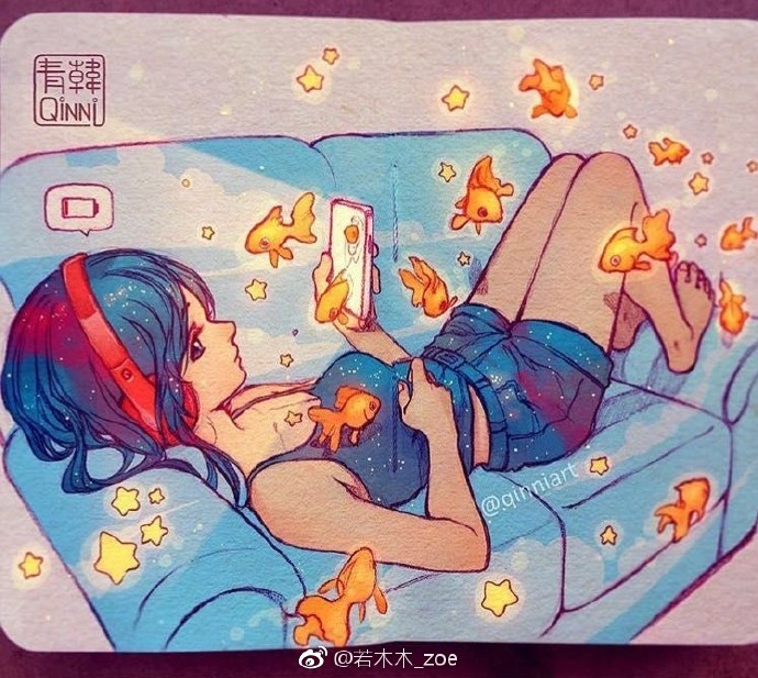 水彩作品---玩手机的少女-插画绘画-水彩-七家团子-网